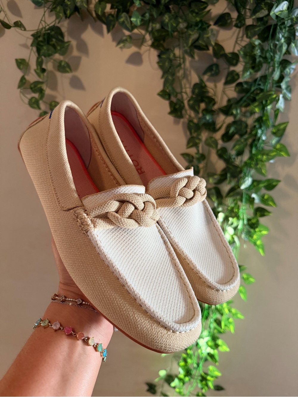 Rothy's Beige Braided Canvas Loafers with Pink Insole